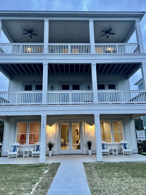There is a lot of grass for kids to play on.the decks and patio are large.
