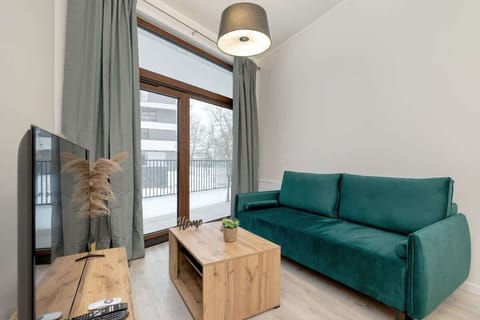 Living room with green sofa, wooden coffee table, and floor-to-ceiling window.
