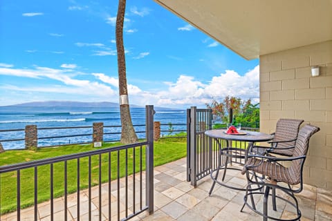 Oceanfront private lanai (patio) - Direct Oceanfront Studio Just Steps from the Water. View from the patio.