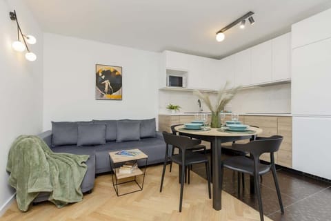 Living area with double sofa bed, Smart TV and kitchenette