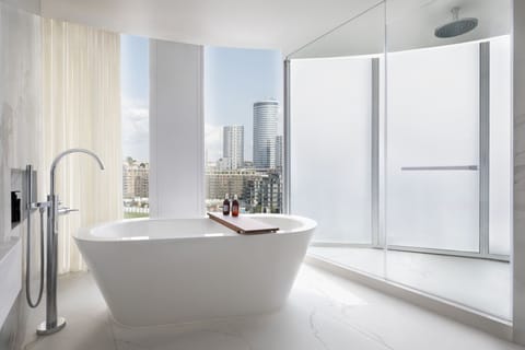 Separate tub and shower, rainfall showerhead, eco-friendly toiletries