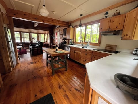 entering the cottage, kitchen and living room