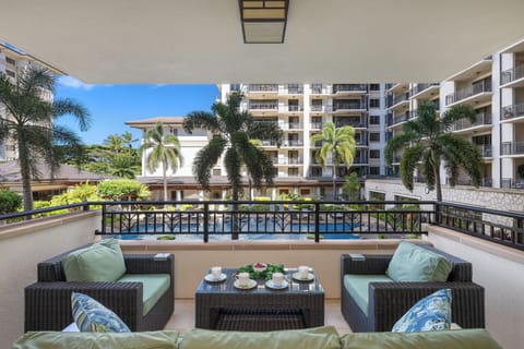 The spacious lanai overlooking the lap pool at the resort.