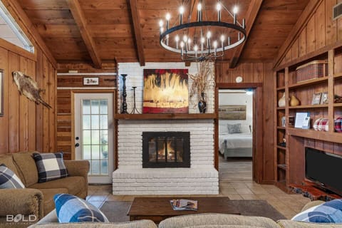 Snuggle up in the cozy cabin living room