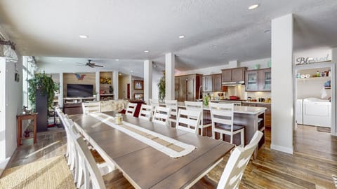 Dining, kitchen and living area