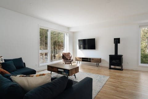 Large living room with a smart TV and a fireplace.