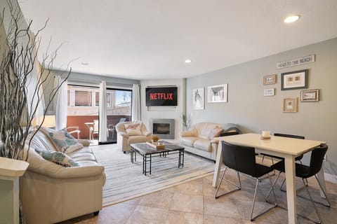 Living room (TV, indoor fireplace, portable AC, dining table)