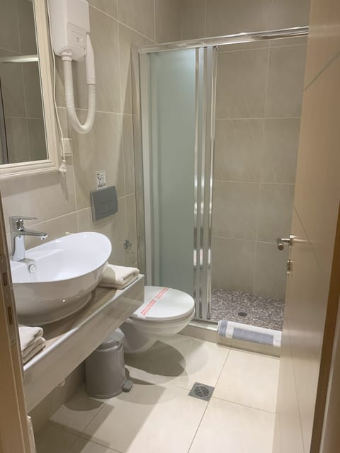 Standard Double Room | Bathroom | Shower, hydromassage showerhead, hair dryer, towels