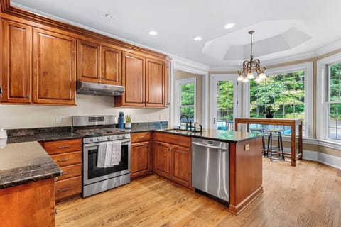 Modern kitchen with oven, sink, and scenic outside view.