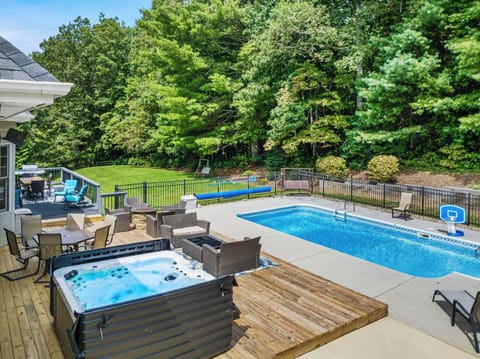 Stunning side view of sparkling outdoor pools.