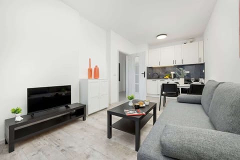 A modern living room with a gray sofa, a black coffee table, a TV on a sleek stand, and decorative orange vases adding a pop of color.

