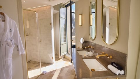 Fleury King Room Balcony | Bathroom | Designer toiletries, hair dryer, bathrobes, slippers