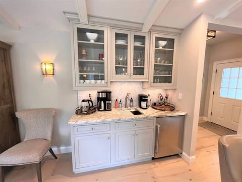 Bar and Coffee area. Beverage fridge, 3 types of coffee makers.