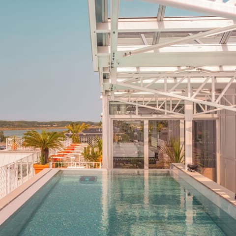 Seasonal outdoor pool, sun loungers