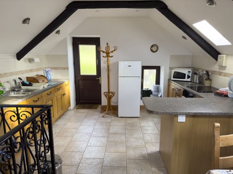 Fridge, electric kettle, toaster, cookware/dishes/utensils