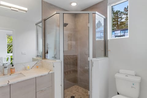 Shower, free toiletries, hair dryer, towels