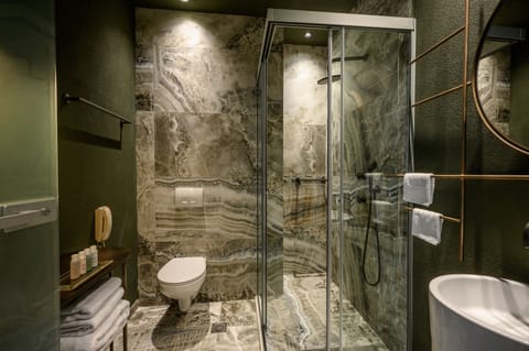 Shower, rainfall showerhead, hair dryer, bathrobes