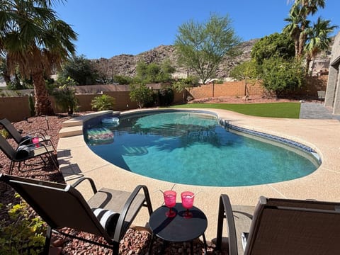 Large 38' heated saltwater pool with South Mountain view