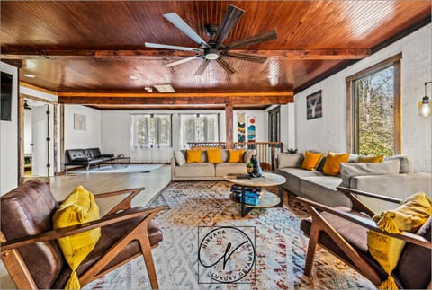 Luxury Cabin w/ 120” Home Theater, 4K UHD & Dolby Sound, ideal location! Relax in Hot Tub, gather by Outdoor Fireplace, enjoy the Game Room & Bar Room, & unwind in 5 Master Suites (5BR/5BA)!