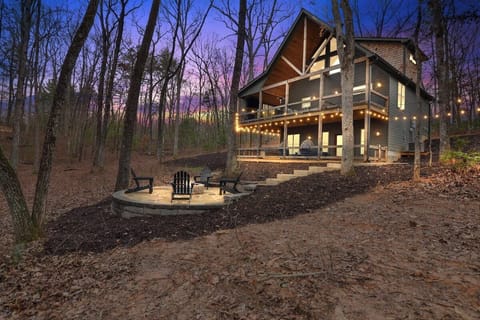 This is the rear of the cabin showing the two decks and firepit