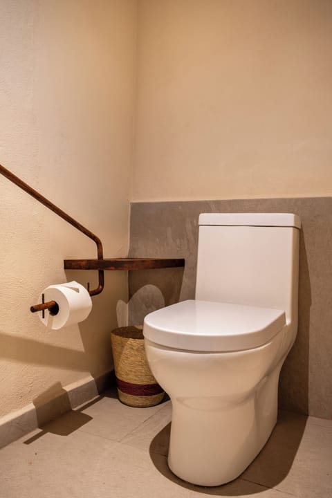 Shower, rainfall showerhead, designer toiletries, towels