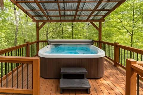 Private hot tub surrounded by forest and mountains—perfect for unwinding.