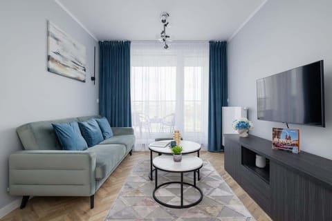 Living area equipped with a double sofa bed, Smart TV and access to balcony.