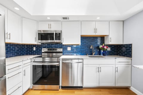 Full kitchen, pots, pans, utensils, silverware, dishware, glasses