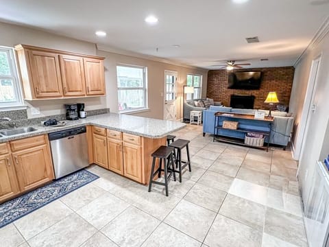 Kitchen/Living Room with Fireplace and pull-out sofa.