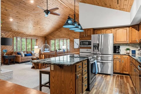 This kitchen has two ovens, stovetop, and microwave.  We supply a coffee maker and a Keurig (has an option for iced drinks), a blender, and much more. A full list will be supplied with booking. 