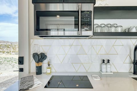 Induction cooktop and microwave. Cooking utensils, pots, pans, oil, and spices are provided