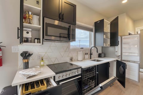 Full Kitchen. Plates, glasses, cups, silverware, pots & pans, cooking utensils, oil, spices, coffee maker, coffee, tea, creamer, kettle, toaster, dishwasher and full fridge/freezer