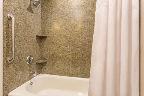 Combined shower/tub, free toiletries, hair dryer, towels