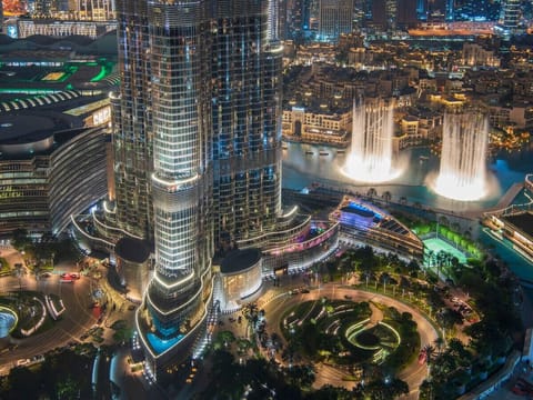 Skyline View: Breathtaking sights of the Dubai Fountain and vibrant city lights await you!