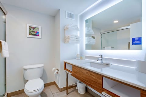 Combined shower/tub, free toiletries, hair dryer, towels