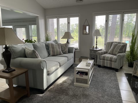 Open floor plan with large comfortable living space with extended patio with beautiful dockside/lake view across the  back of the home.