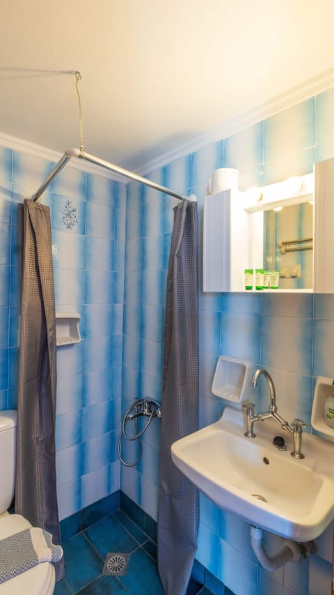 Shower, hair dryer, towels, toilet paper