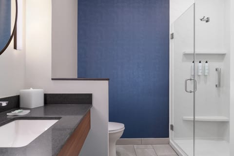 Hair dryer, towels, soap, shampoo