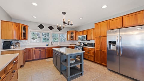 Chef's kitchen is well equipped with all your cooking and baking needs.