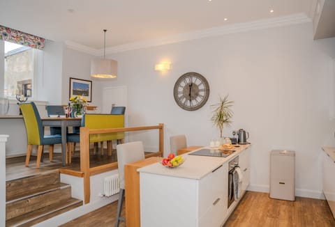 The kitchen and dining areas