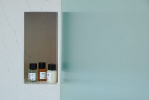 Rainfall showerhead, hair dryer, bathrobes, slippers