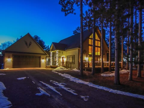 Cabin glowing at night