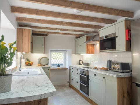 Oven, hob, toaster, sink and cabinets in the kitchen