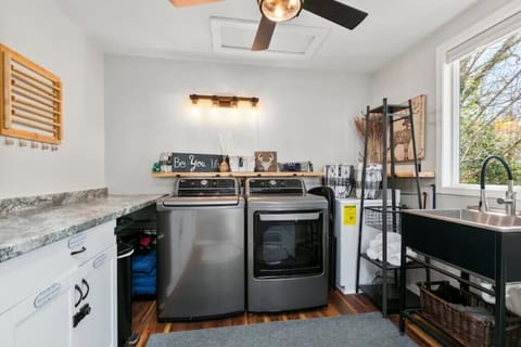 Shared Laundry; iron & small iron board under counter, Landry pods in your unit.