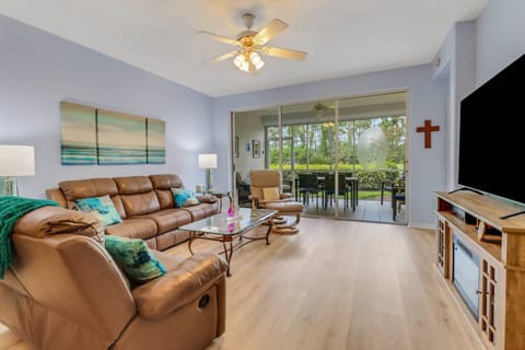The condo is comfortably furnished in a way that invites relaxation, including leather reclining seating in the living room.