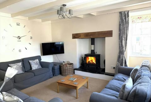 Living room with two grey sofas, wood coffee table and lit wood-burning stove
