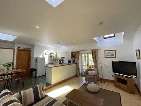 Living area with tv, armchair, dining table with 4 chairs, well equipped kitchen and doors to conservatory