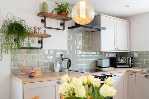 Vase of flowers, hanging plants on shelves, microwave and toaster