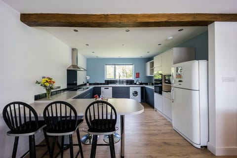 Kitchen with dining table, washing machine and fridge.