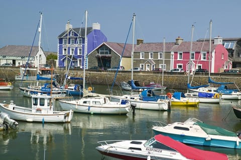 Boats on the water in the foreground, The Harbourmaster and houses in background